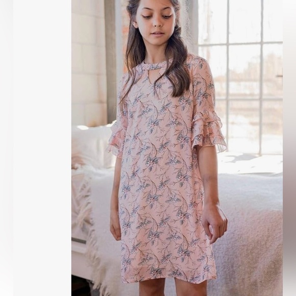 Smukke Girls Tween 14 Peach Floral Chiffon Dress Ruffles Knee Length Party Pics - Picture 2 of 10